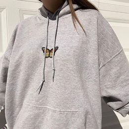 New Design Fashion Girls Sweatshirt Women Autumn Loose Pullovers Tops Gray Oversized Hoodies Butterfly Front Pocket Simple 201204