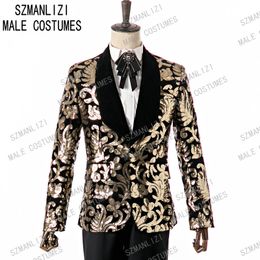 SZMANLIZI 2020 Elegant Men Suit Costume Blazer Gold Sequin Two Pieces Black Velvet Lapel Slim Fit Wedding Party Groom Tuxedo