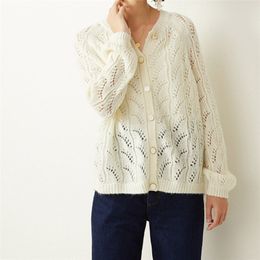 Hollow out Women Knit Sweater Single Breastd O-neck Five Color Loose Knitwear Coat Early Autumn Female Knitted Cardigan 201223