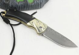 Promotion 6.1 Inch Damascus Pocket Folding Knife VG10 Damascus Steel Blade Cow Horn + Brass Handle Knives With Leather Sheath