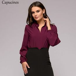 Capucines Spring Autumn Stand Collar Pleated Shirt Women Elegant Solid Long Sleeve Shirts Ladies Casual Blouses Vintage Tops 201202