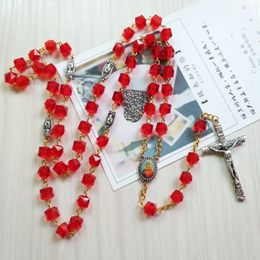 Red Acrylic Beads Strand Necklace Vintage Cross Rosary Necklace For Men Women Religious Jewellery Gifts