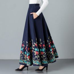 Mom elegant Embroidered Maxi pleated skirt Women Plus Size Winter Warm Woollen Long Skirt Lady High Waist Casual Wool Office saia LJ201103