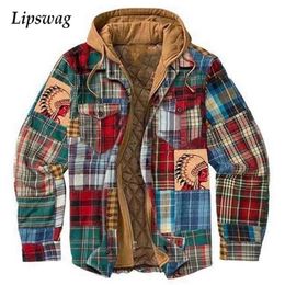 Vintage Plaid Printed Patchwork Coat Men Winter Long Sleeve Warm Thicken Outerwear Mens Zipper-up Jacket Fashion Streetwear 211216