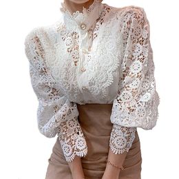 Elegante Damen-Hemden mit Spitzenbesatz, aushöhlen, lockere, lässige viktorianische Blusen, langärmelige Oberteile mit Knopfleiste