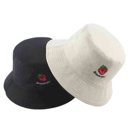 2022 Panama Bucket Hat Fruit Strawberry Embroidered Fishing Cap Men Women Reversible Travel Beach Sun Hats Y220301