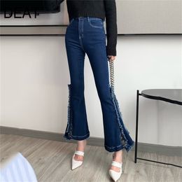 DEAT Fast Delivery New Autumn Dress Pants For Women High Waist Jeans Vintage Flare Burr Pick Hip Slim Wild Washed AP643 201223