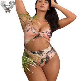 L-XXXL Plus Size Swim Suit Push Up One Piece Swimsuit Knot Tie Front Swimwear Women 2019 Sexy Badpak Fused May Cut Out Monokini T200708