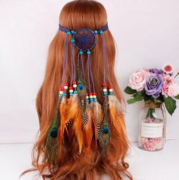 Women Wedding Accessories Dream Catcher Headband with Feather Adjustable Length Elastic Ethnic Style Headpieces Cheap Stock Free Shippig