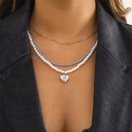 Goth Vintage Crystal Heart Pendant Choker Necklace Wedding Bride Multilayer Pearl Chain Women Neck Jewellery Accessories
