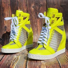 Lemon Net Breathable Hollow Out Sneakers Patchwork Height Increasing Ankle Boots Women 8CM Wedge Heel Lace-up Leisure Shoes1
