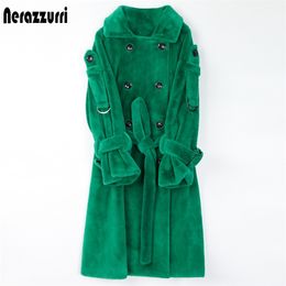Nerazzurri Long warm fluffy faux fur trench coat for women Double breasted pink white green plus size winter fashion belt 201210