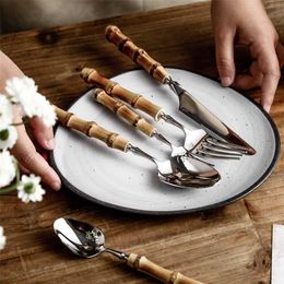 Dinnerware Set 5/20pcs Bamboo Handle Cutlery 18/10 Stainless Steel Knife Fork Spoon Tableware Cutleries s Drop 211229