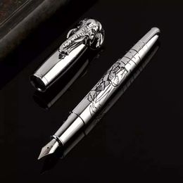 Fuliwen 2086 Elephant Fountain Metal Silver Ink Pen Medium Nib Business Stationery Office school supplies Writing Pens Gift 201202