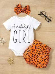 Baby Letter Graphic Bodysuit & Leopard Wideband Waist Shorts With Headband SHE