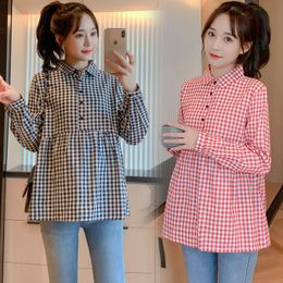 002# 2020 Autumn Korean Fashion Plaid Cotton Maternity Blouses Long Sleeve Sweet Shirt Clothes for Pregnant Women Pregnancy Tops LJ201123