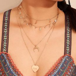 Pendant Necklaces Boho Gold Star Moon Heart Multi Layer Necklace For Women Leaf Crystal Long Collares1