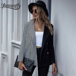 Benuynffy Black Colour Block Houndstooth Coat Women Autumn Winter Double Breasted Vintage Office Lady Elegant Coats Outerwear 201103