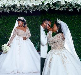 Plus Size african Wedding Dresses Luxurious Lace Beaded Sheer Neck Sexy Arabic Aso Ebi Bridal Dresses Long Sleeves Wedding Gowns