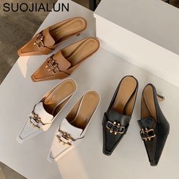 SUOJIALUN Summer Fashion Brand Slipper Med Heel Outsides Ladies Slides Pointed Toe Slip on Beach Mules Shoes Y200423 GAI GAI GAI