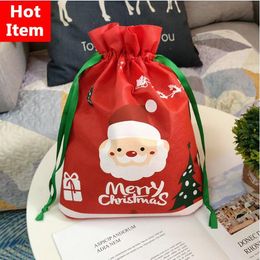 Christmas Red Drawstring Bags Non Woven Gift Bag Party Candy Gift Bag Christmas Festive Party Decorations 200pcs