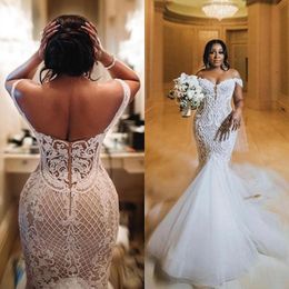 Modest African Lace Beads Wedding Dress Plus Size 2021 Vestido Novia Sexy Open Back Mermaid Wedding Gowns For Black Women Girls