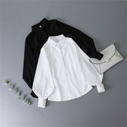 Deeptown Lantern Sleeves Vintage Shirts Women Elegant White Womens Blouse with Lush Fashion Button Up Shirt Black 220210