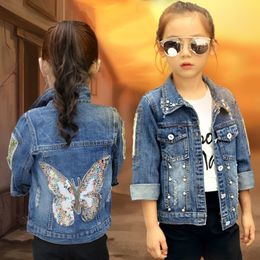 2020 Big Girls Denim Jacket Cardigan Coat Children Jean Outwear Butterfly Embroidery Sequin Kids Clothes Spring Clothes LJ201125