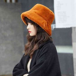 Faux Fur Winter Bucket Hat For Women Girl Fashion Solid Thickened Soft Warm Fishing Cap Outdoor Vacation Hat Cap Lady Hat Cap G220311