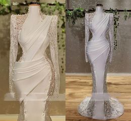 High Neck Lace Stain Evening Pageant Dresses 2022 Illusion Long Sleeve Beaded African Aso Ebi Arabic Fishtail Prom Gowns Robes