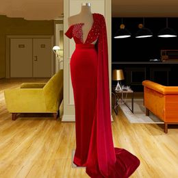 elegant red velvet long evening dresses with wrap beaded vestidos formales prom gowns for women