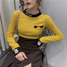 Autumn Winter T shirt Women Striped Letters Embroidery Stretchy Thick Tops Tee Fleece Long Sleeve T-shirt Bottoming T9N395 201125