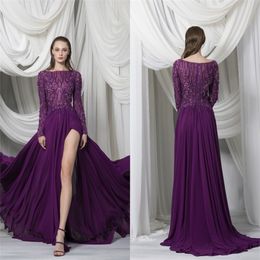 Luxurious Purple A Line Evening Dresses Long Sleeves Illusion Sequined Side Split Prom Gowns Women Red Carpet Celebrity Dress