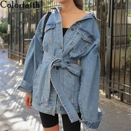 Colorfaith New Autumn Winter Women's Denim Jackets Sashes Lace Up Outerwear High Street Fashionable Blue Long Jeans JK8922 201123