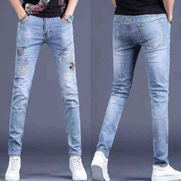 Mens slimming embroidery blue jeans stretch denim pants scratched casual printed jeans pants men G0104