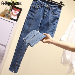 Mid waist Straight Jeans women Loose Washed Denim Pants Stitching Jeans Women Ankle-Length Jeans Casual Nine split leg pants 201029