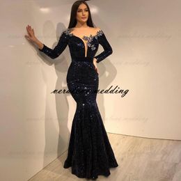 Black Sequins Lace Mermaid Evening Dress 2021 Long Sleeves Formal Party Gown robe de soiree Prom Party Dresses