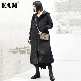 [EAM] New Spring Hooded Long Sleeve Black Loose Long Hem Vent Cotton-padded Coat Women Parkas Fashion Tide JK131 201019