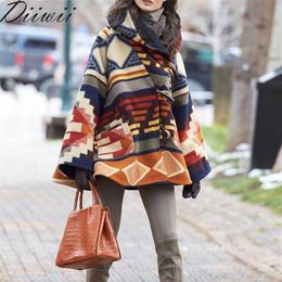 Diiwii Hooded Wool Jackets Coat Fashion Women Autumn Striped Prints Long-Sleeved Cloak Blends Outwear LJ201202