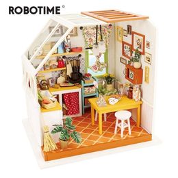 Robotime DIY Jason's Kitchen with Furniture Children Adult Miniature Wooden Doll House Model Building Dollhouse Toys DG105 LJ200909