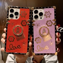 Glitter Flowers Perfume Case for iPhone 14 13 Pro Max 12 11 XS XR X 8 7 6 Plus Gold With Finger Ring Stand Square Cover High Qiality
