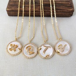 CZ Micro Pave Initial Alphabet A-Z Letter Round Shaped Shell Pendant Charm Jewelry Necklace For Women Gift NK567