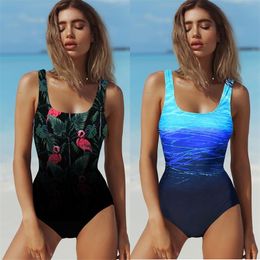 Gradient One Piece Swimsuit Women Vintage Swimwear Criss Cross Back Monokini Blue Bath Suit Beach Wear Maillot De Bain T200114