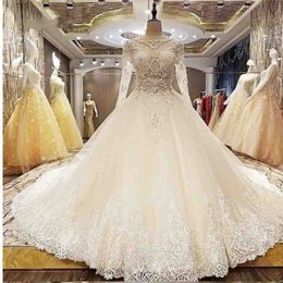 Luxuriöse Ballkleid-Brautkleider mit Juwelen, transparentem Ausschnitt, Spitzenapplikationen, Pailletten, Perlen, Robe de Mari￩e, transparentem Rücken und langen Ärmeln