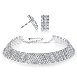 Classic Crystal Wedding Necklace stud Earrings for Women Geometric Rhinestone Jewelry Set Bridal Engagement gift