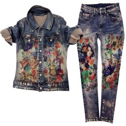 Flowers Print Jacket Pants Suit Two Pcs Elastic Material Painting Fashion Trends Women Jacket Pant Set Skinny Jeans Jacket T200702