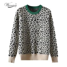 Autumn winter women sweaters leopard knitted pullovers long sleeve Contrast Color crewneck jumpers sweter mujer C-429 201221