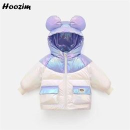 Winter White Duck Down Jacket For Girls 2-8 Years Beauty Kids Outerwear With Ears Smart Colorblock Letter Hooded Shine Coat Boys LJ201017