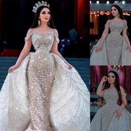 Saudi Arabia Pearls Beads Mermaid Wedding Dress Off Shoulder Short Sleeve Luxury Lace Sequins Appliques Bridal Gowns Crystal Bride robes de mariée