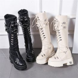 Hot Sale 10cm Heel Motorcycle Black Knee Punk Cosplay Fashion Goth Wedges Platform High Heels Boots Women Shoes